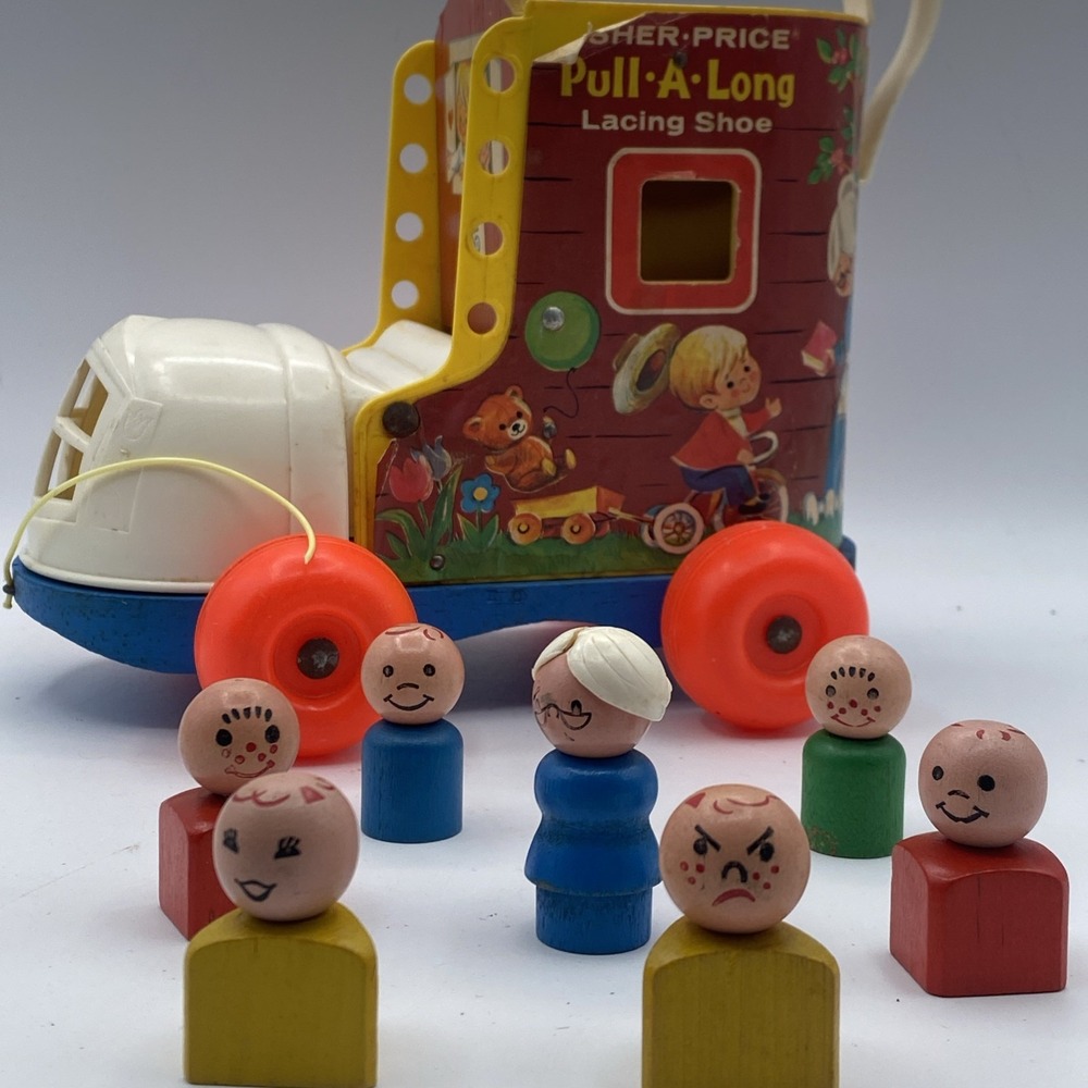 Vintage Fisher Price Little People Lacing Shoe #146 1970 Wood Lace Tying Toy